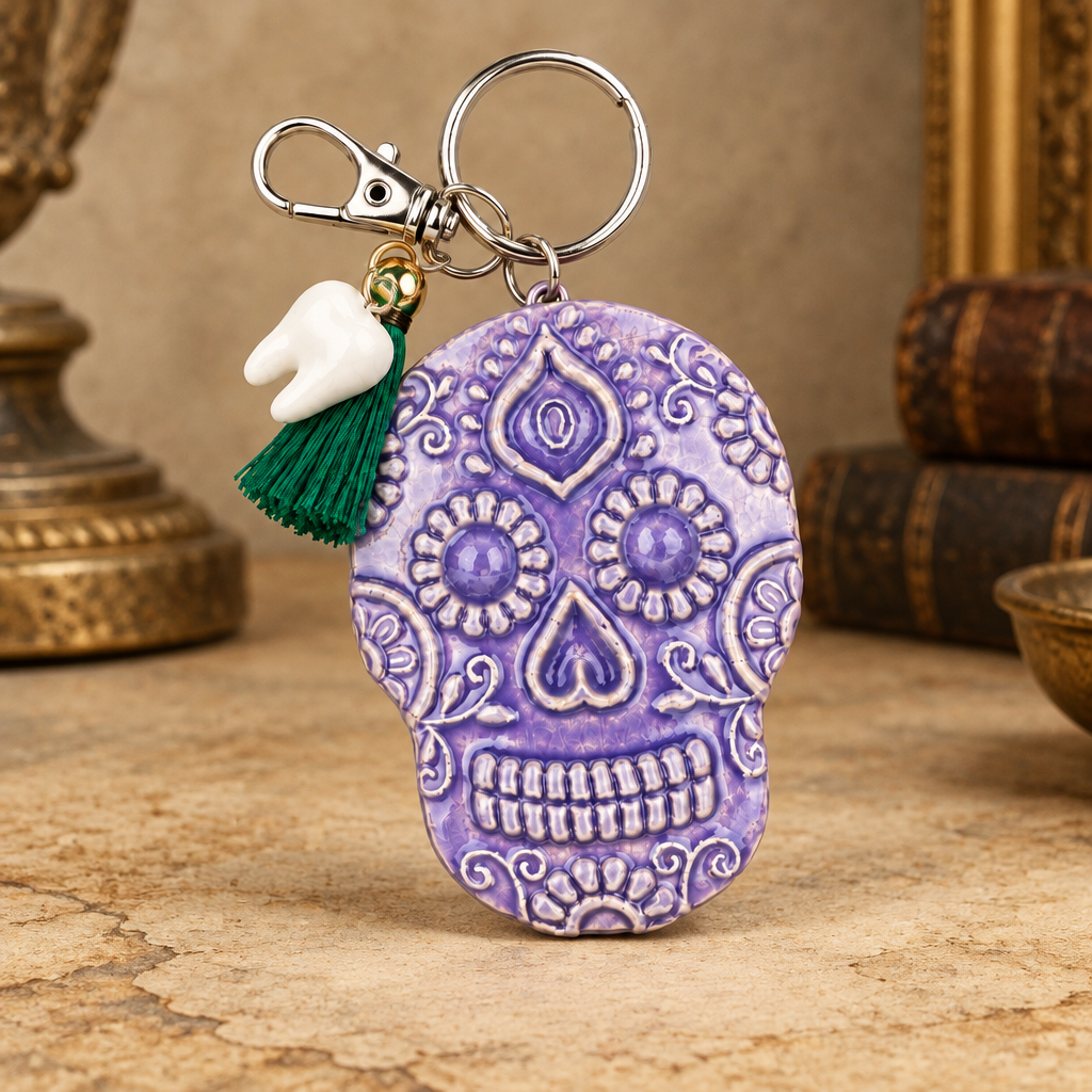 Sugar Skull Handmade Ceramic Keychain - Day of the Dead 0rnament, 7 x 5.5 cm by Red Raven Pottery