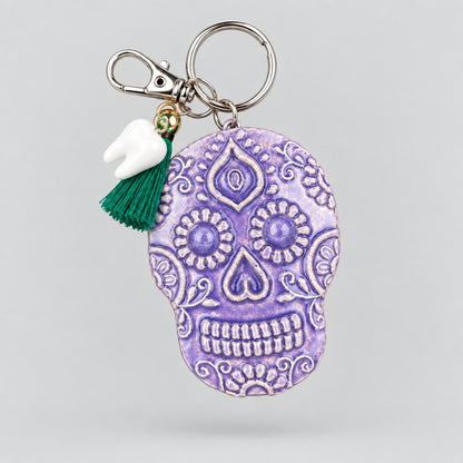 Sugar Skull Handmade Ceramic Keychain - Day of the Dead 0rnament, 7 x 5.5 cm by Red Raven Pottery