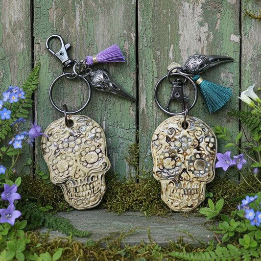 Sugar Skull Keychain – Ceramic Guardian For Everyday Journeys, 4.5×5.5 cm by Red Raven Pottery