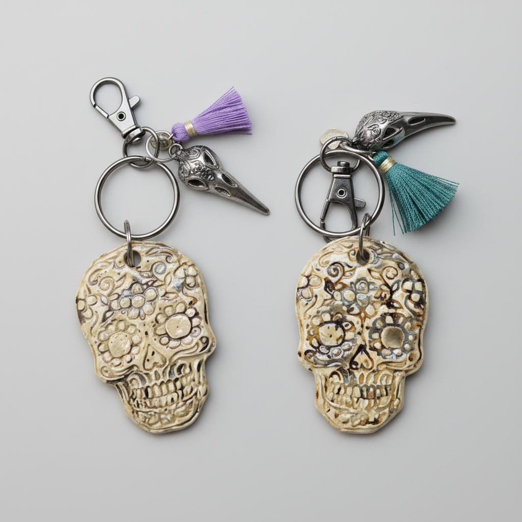 Sugar Skull Keychain – Ceramic Guardian For Everyday Journeys, 4.5×5.5 cm by Red Raven Pottery