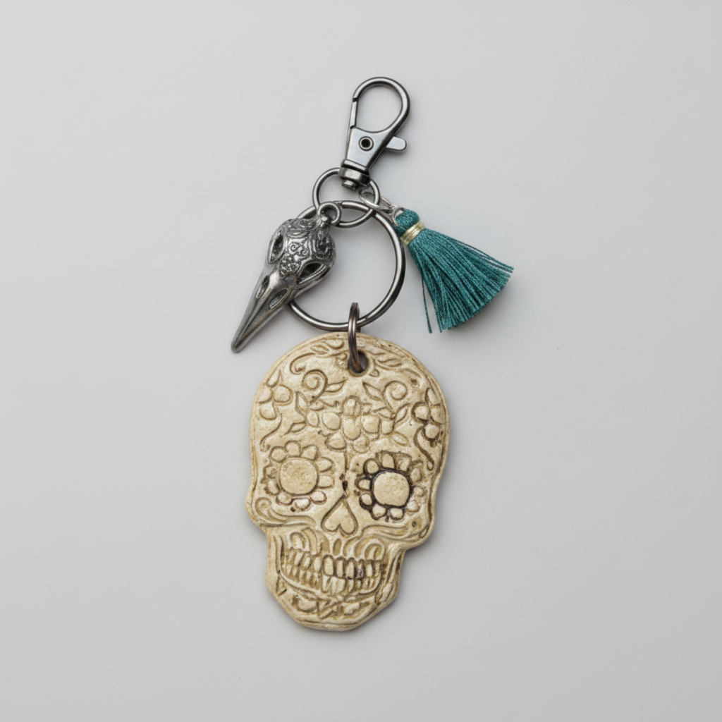 Sugar Skull Keychain – Ceramic Guardian For Everyday Journeys, 4.5×5.5 cm by Red Raven Pottery