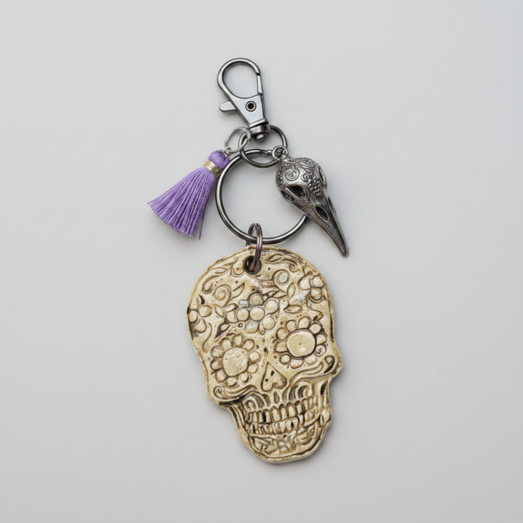 Sugar Skull Keychain – Ceramic Guardian For Everyday Journeys, 4.5×5.5 cm by Red Raven Pottery