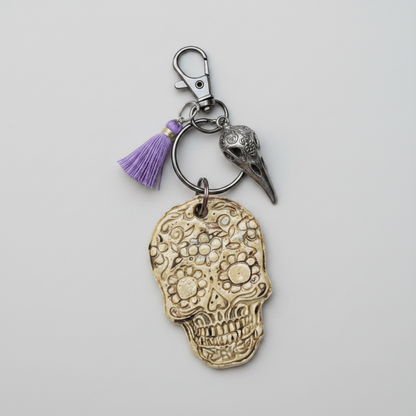 Sugar Skull Keychain – Ceramic Guardian For Everyday Journeys, 4.5×5.5 cm by Red Raven Pottery
