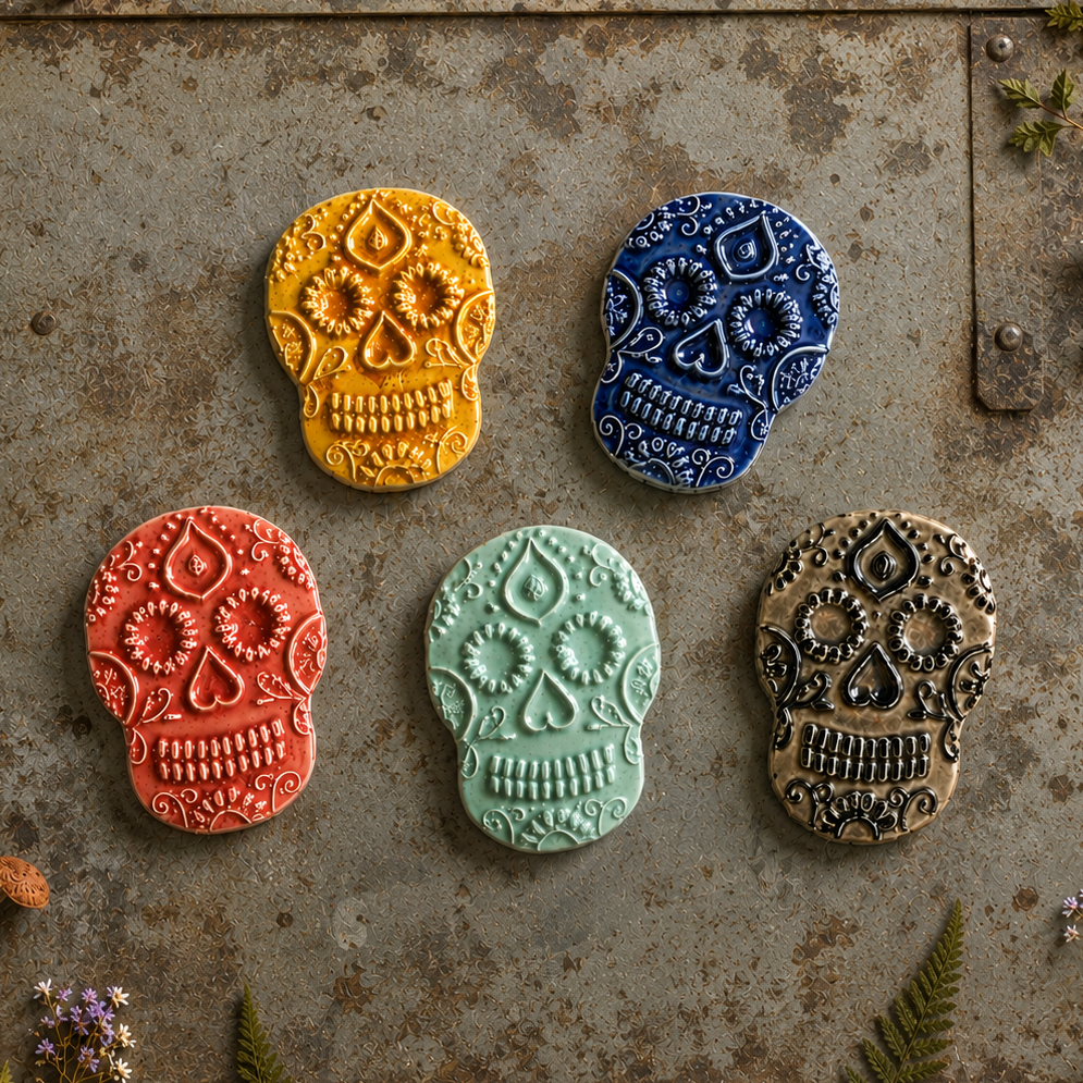Sugar Skull Magnet – Day of the Dead Ceramic Ornament, 7.5×5 cm by Red Raven Pottery