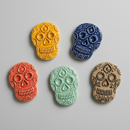 Sugar Skull Magnet – Day of the Dead Ceramic Ornament, 7.5×5 cm by Red Raven Pottery