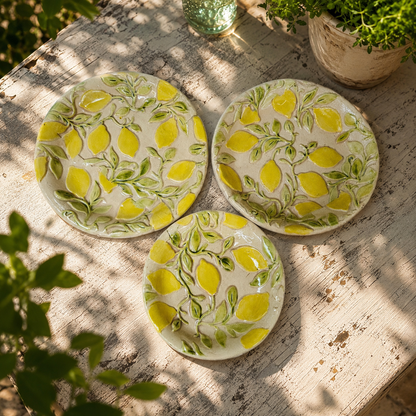 Sunlit Lemon Ceramic Dish Set – Mediterranean Table Trio, Ø16 / 14.5 / 12 × 2 cm by Red Raven Pottery