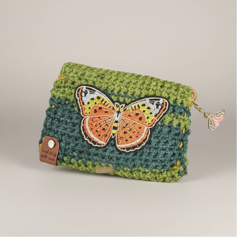 Sunset Wings Patch Wallet – Hand-crocheted Butterfly Charm Purse, 15 × 11 cm by Hook & Hex