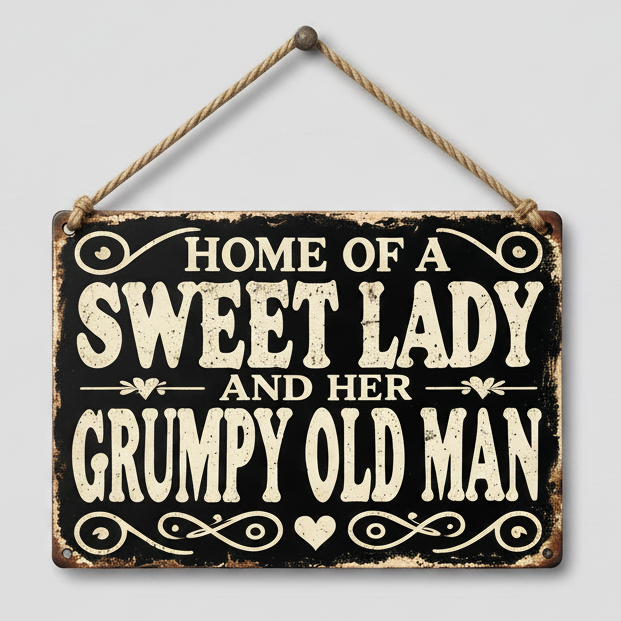 Sweet Woman & Grumpy Old Man Wooden Sign – Familiar Couple Wall Art, 20 × 13 cm