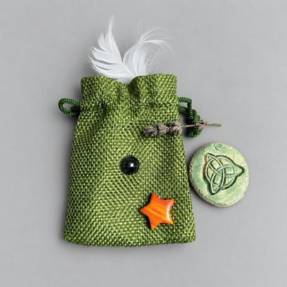Talisman Hex Bag – Spirit Tool for Ritual & Everyday Magic, 7x9 cm by Hook & Hex with Handmade Ceramic Charm by Red Raven Pottery