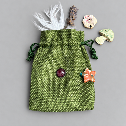 Talisman Hex Bag – Spirit Tool for Ritual & Everyday Magic, 7x9 cm by Hook & Hex with Handmade Ceramic Charm by Red Raven Pottery