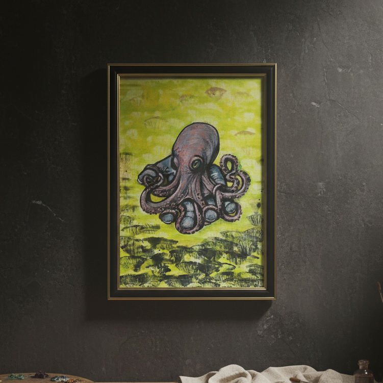 The Encounter Original Acrylic Painting – Octopus Wall Art, 32×23.5 cm by Hook & Hex