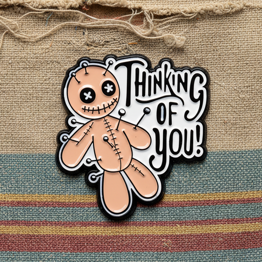 Thinking of You Lapel Pin – Voodoo Doll Metal Badge, 3 × 3 cm