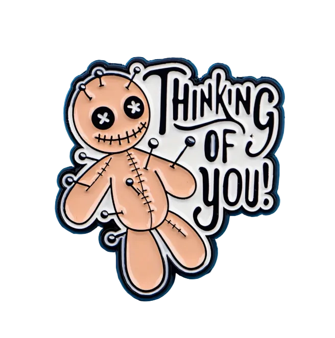 Thinking of You Lapel Pin – Voodoo Doll Metal Badge, 3 × 3 cm
