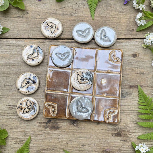Twilight Wings Pocket Tic Tac Toe – Artisan Travel Companion, 9.5 x 9.5 cm by Red Raven Pottery
