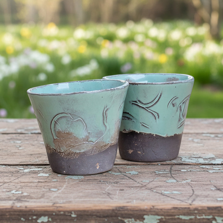 Twin Jade Ceramic Mini Planters – Balanced Duo of Ritual Vessels, Ø5.5×5 cm by Red Raven Pottery