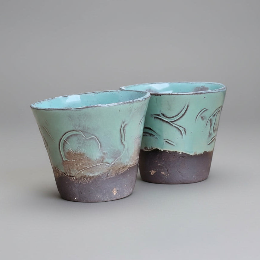 Twin Jade Ceramic Mini Planters – Balanced Duo of Ritual Vessels, Ø5.5×5 cm by Red Raven Pottery