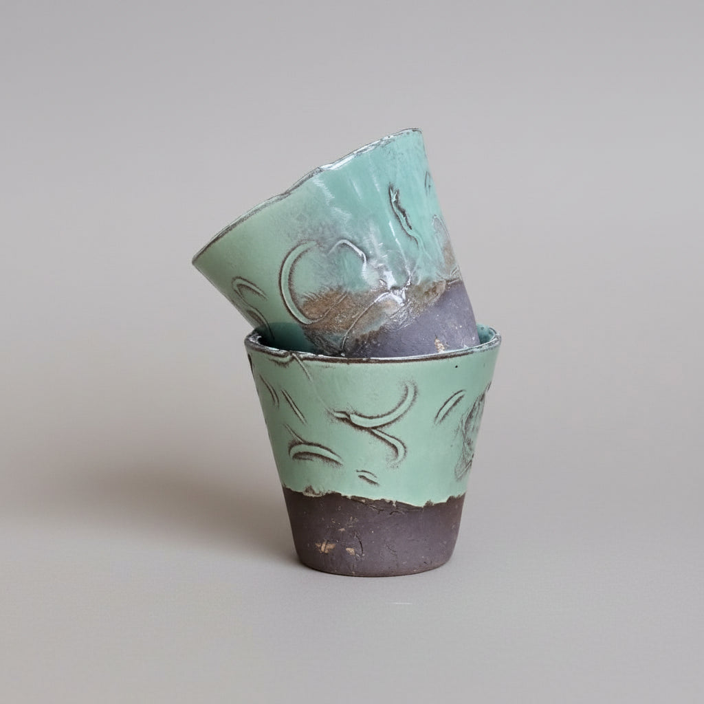 Twin Jade Ceramic Mini Planters – Balanced Duo of Ritual Vessels, Ø5.5×5 cm by Red Raven Pottery