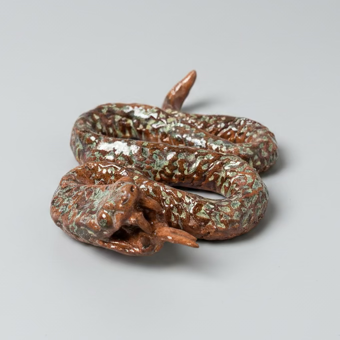 Venomous Serpent Ceramic Figurine – Quiet Guardian of Renewal, 13×10×4.5 cm by Red Raven Pottery
