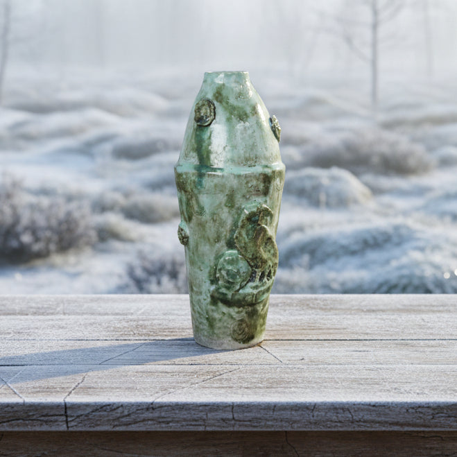 Verdant Perch Ceramic Vase – Embossed Bird in Rustic Green, Ø9×20.5 cm by Red Raven Pottery