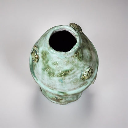 Verdant Perch Ceramic Vase – Embossed Bird in Rustic Green, Ø9×20.5 cm by Red Raven Pottery