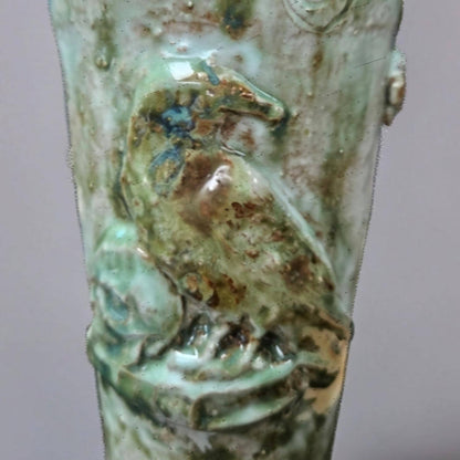 Verdant Perch Ceramic Vase – Embossed Bird in Rustic Green, Ø9×20.5 cm by Red Raven Pottery