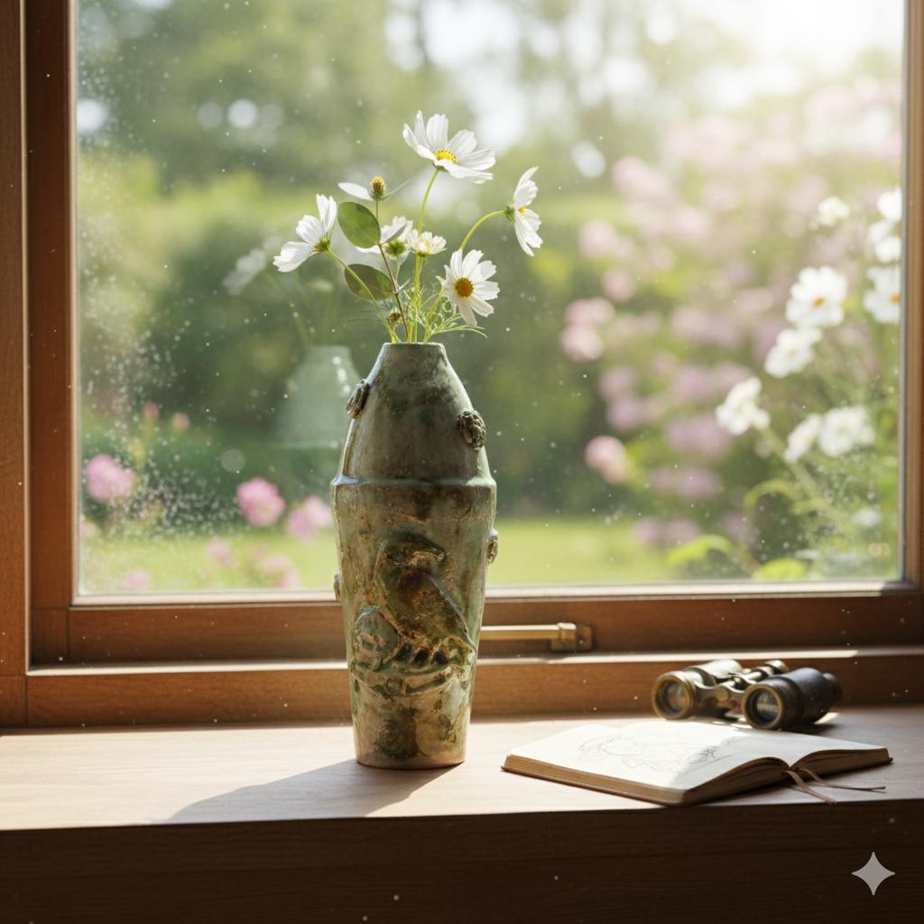 Verdant Perch Ceramic Vase – Embossed Bird in Rustic Green, Ø9×20.5 cm by Red Raven Pottery