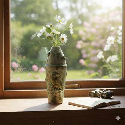 Verdant Perch Ceramic Vase – Embossed Bird in Rustic Green, Ø9×20.5 cm by Red Raven Pottery