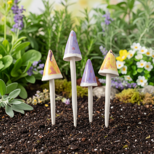 Vibrant Mushroom Ceramic Garden Stake – Plant Marker for Living Soil, 20–26 cm, various designs by Red Raven Pottery