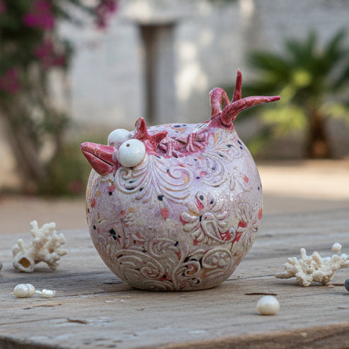 Whimsical Ceramic Chicken Figurine –  Playful Baroque Decor, Ø11×12 cm by Red Raven Pottery