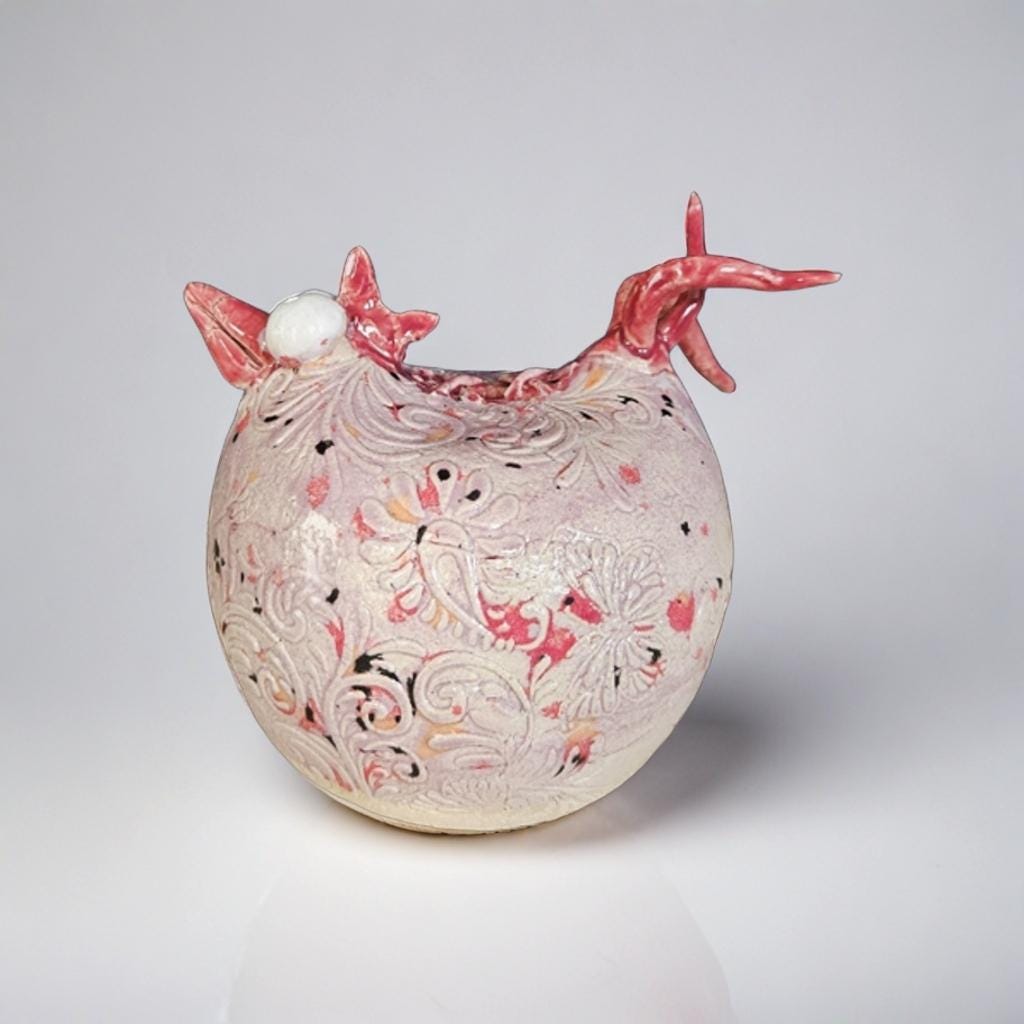 Whimsical Ceramic Chicken Figurine –  Playful Baroque Decor, Ø11×12 cm by Red Raven Pottery