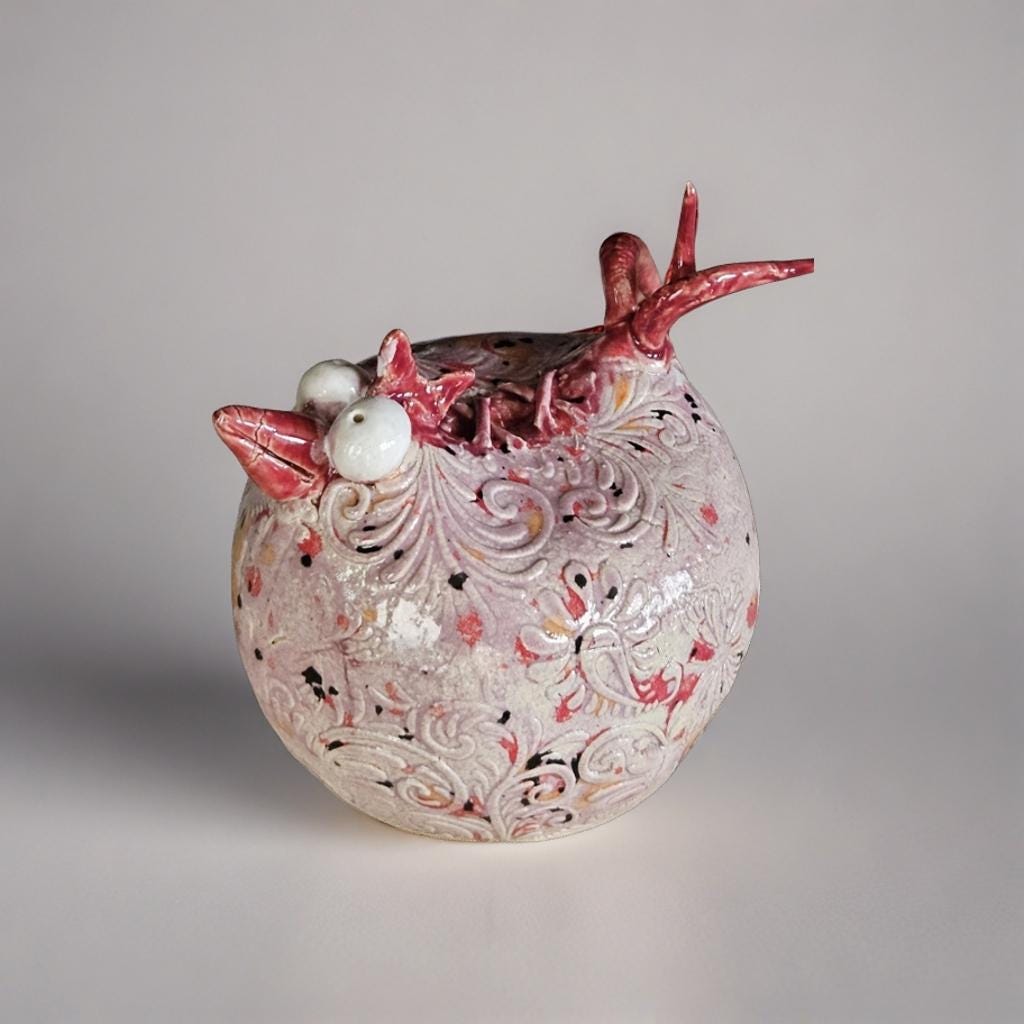 Whimsical Ceramic Chicken Figurine –  Playful Baroque Decor, Ø11×12 cm by Red Raven Pottery