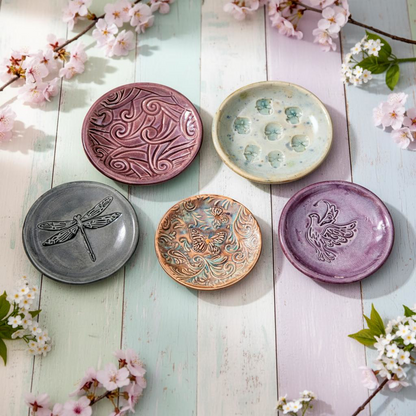 Whispered Moments Ceramic Saucers – Small Rituals Held Gently, Ø7–8 cm, various designs by Red Raven Pottery
