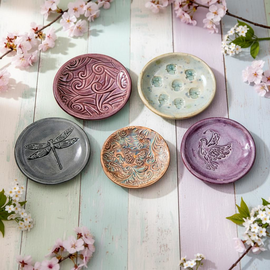 Whispered Moments Ceramic Saucers – Small Rituals Held Gently, Ø7–8 cm, various designs by Red Raven Pottery