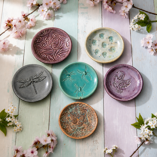 Whispered Moments Ceramic Saucers – Small Rituals Held Gently, Ø7–8 cm, various designs by Red Raven Pottery