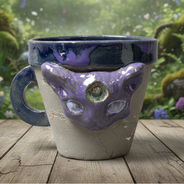 Wicca Cat Ceramic Coffee Cup – Third Eye Familiar, Ø7.5×6.5 cm by Red Raven Pottery