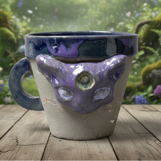 Wicca Cat Ceramic Coffee Cup – Third Eye Familiar, Ø7.5×6.5 cm by Red Raven Pottery
