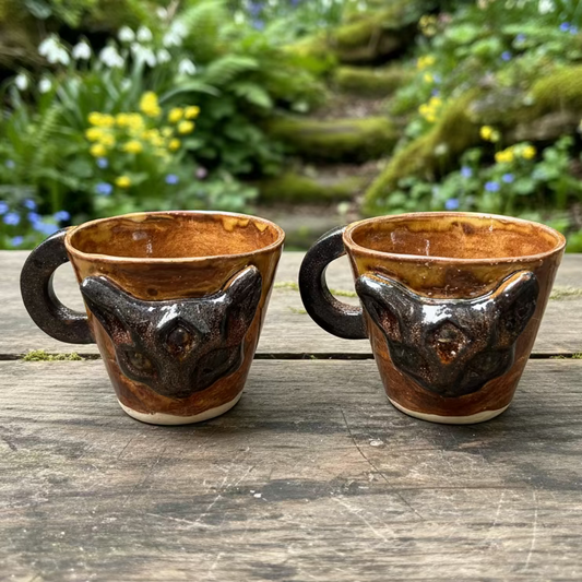 Wicca Cat Ceramic Espresso Cups – Third Eye Familiar Duo, Ø6.5×5.5 cm by Red Raven Pottery