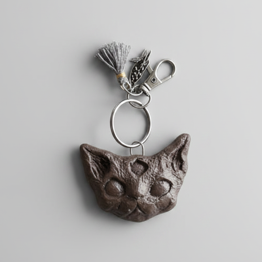 Wicca Cat Keychain – Familiar Spirit Ceramic Charm, 5.5×3.5 cm by Red Raven Pottery