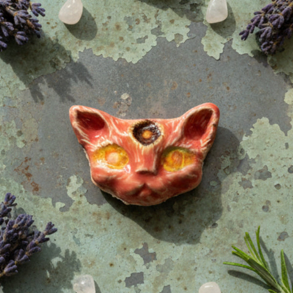 Wicca Cat Magnet – Familiar Spirit Ceramic Ornament, 5×4 cm by Red Raven Pottery