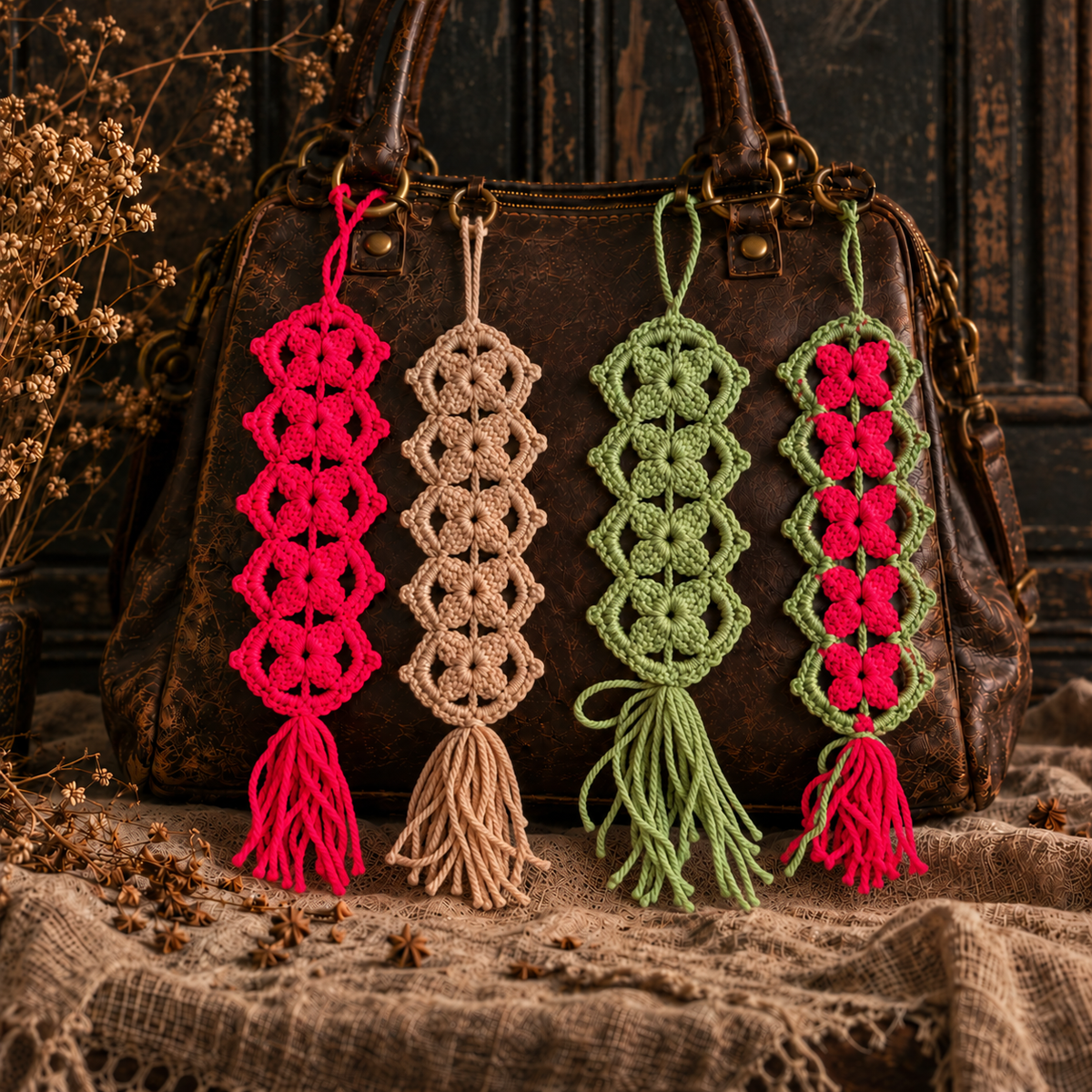 Winter Bloom Handmade Crochet Bag Hanging – Floral Openwork Accessory, Approx. 25 × 8 cm by Hook & Hex