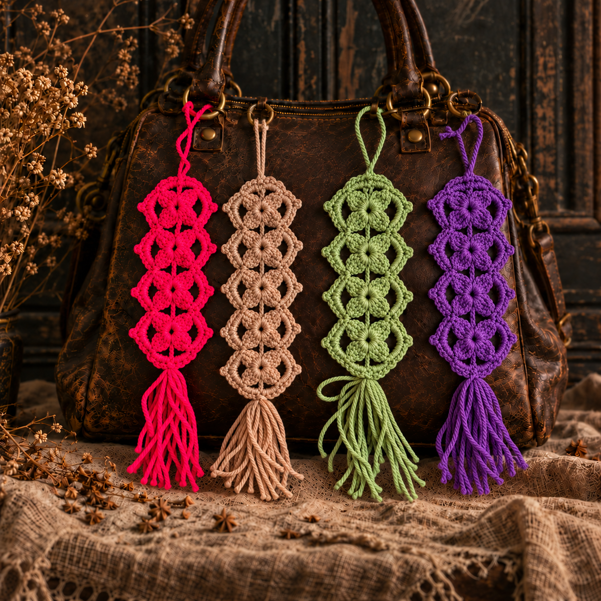 Winter Bloom Handmade Crochet Bag Hanging – Floral Openwork Accessory, Approx. 25 × 8 cm by Hook & Hex
