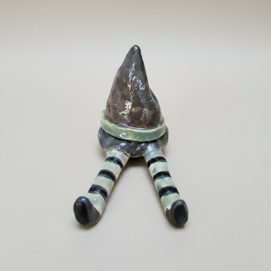 Whimsical Ceramic Witch Legs and Hat Figurine – Spooky Halloween Pottery Decor, Striped Witch Boots Shelf Sitter, Handmade Quirky Clay Sculp