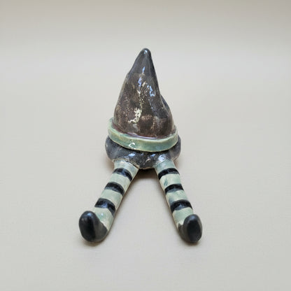 Whimsical Ceramic Witch Legs and Hat Figurine – Spooky Halloween Pottery Decor, Striped Witch Boots Shelf Sitter, Handmade Quirky Clay Sculp