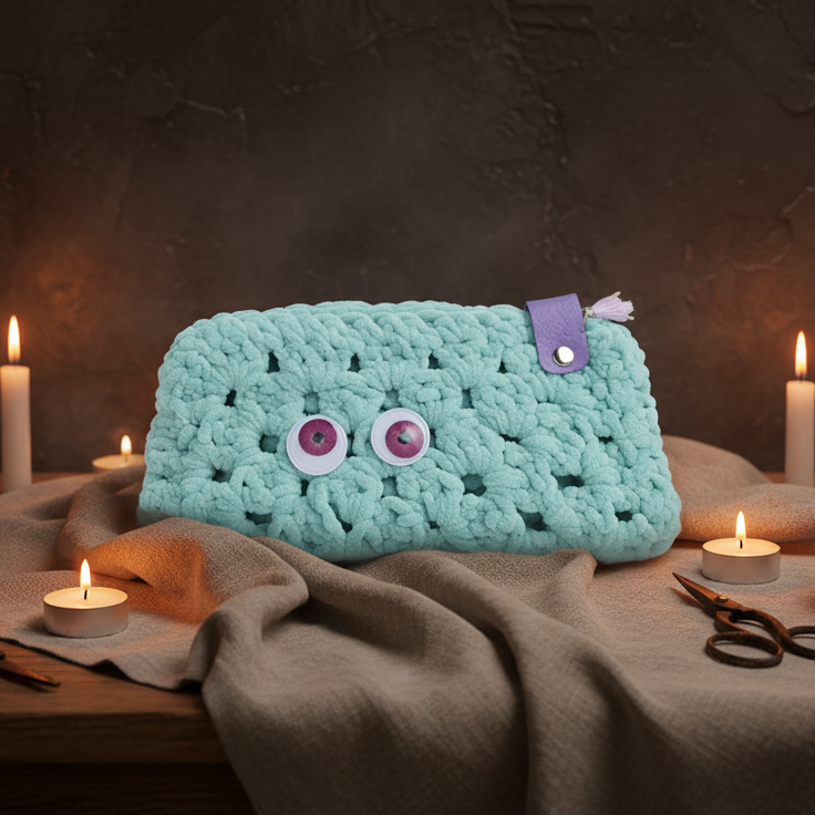 Witchy Wobble Crochet Pouch – Spooky Pen Organizer, 22 × 10 cm by Hook & Hex