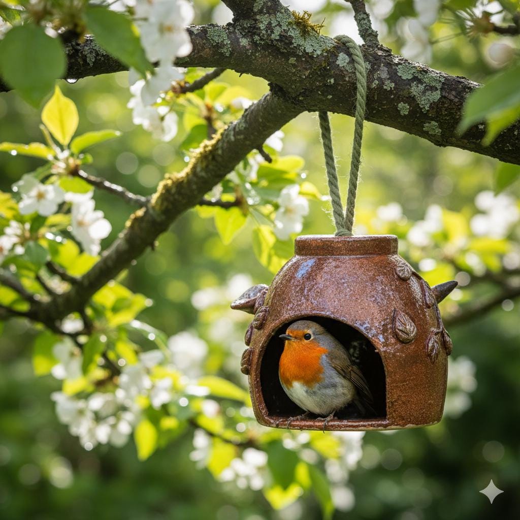 Woodland Forager Ceramic Bird House – Garden Shelter for Small Wings, Ø11×9 cm by Red Raven Pottery