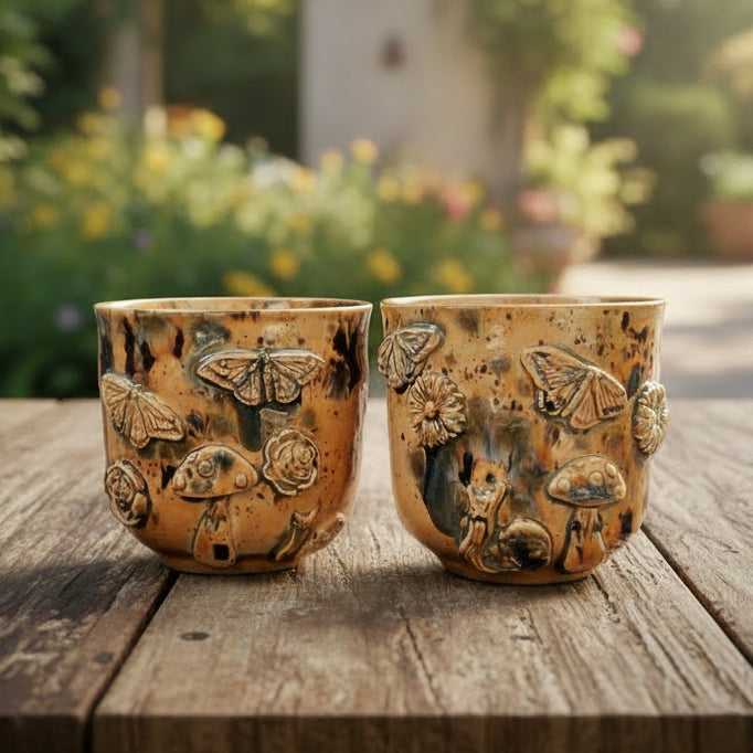 Woodland Life Ceramic Planter – Living Forest in Clay, Ø8×8.5 cm by Red Raven Pottery