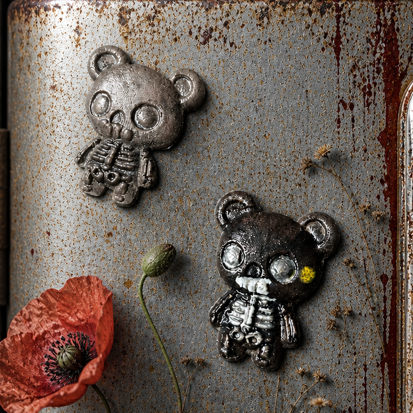 Zombear Fridge Magnet – Undead Bear Ceramic Ornament, 4.5×3.5 cm by Red Raven Pottery