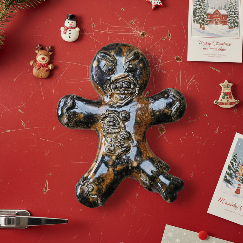 Zombie Gingerbread Man Magnet  - Undead Cookie Ornament 7 x 7.5 cm by Red Raven Pottery