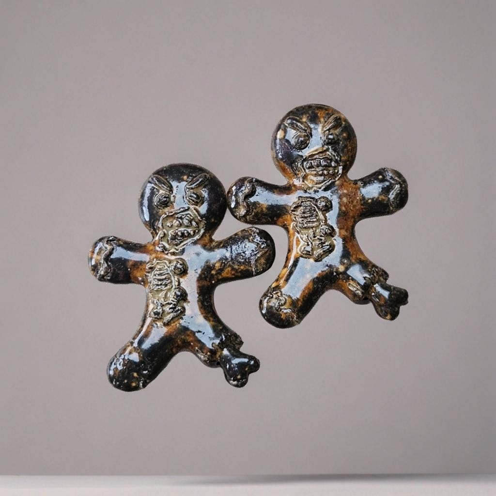 Zombie Gingerbread Man Magnet  - Undead Cookie Ornament 7 x 7.5 cm by Red Raven Pottery